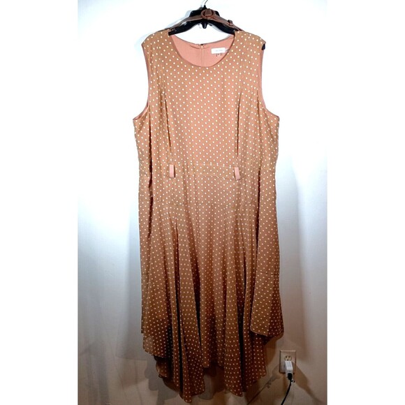 Calvin Klein Brown Polka Dot Belted Sleeveless Handkerchief Maxi Dress Size 24W - Picture 2 of 11